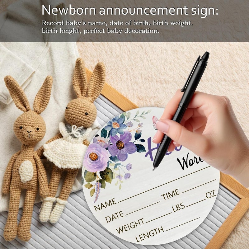 CLHHM Hello World Purple Rose Baby Name Sign Birth Announcement Plaque with Name Date Weight 6" Round Birch Wood Nursery Decor Newborn Hospital Keepsake Gift for Parents - Image 4